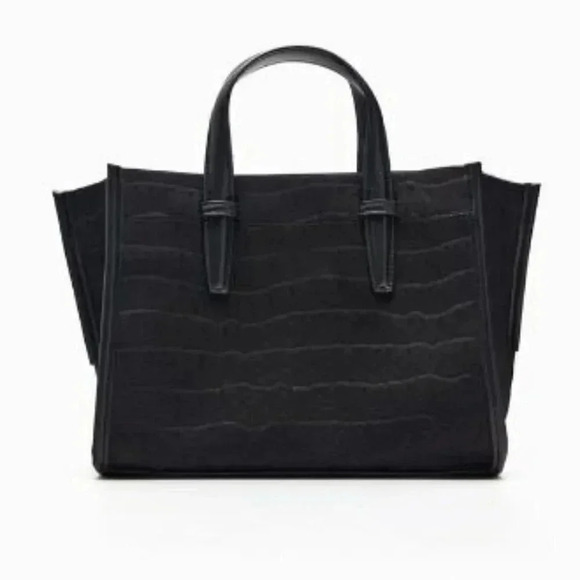 Zara | Black Mock Croc Mini Tote Bag/Faux Leather  and Fabric Satchel - Picture 1 of 15